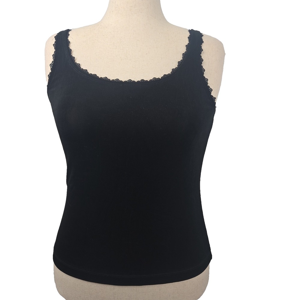 Chico's Travelers Size 2 Black Ribbed Adjustable Strap Tank Top Lace Trim